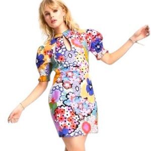ASOS DESIGN Cotton Poplin Keyhole Mini Dress in Bright Floral Multi Size 6